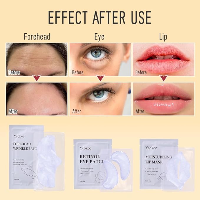 Forehead Wrinkle Patches,Under Eye Patches and Lip Mask 30 PCS. Face Masks Skincare With Retinol Serum For Anti-aging Puffy Eyes and Dark Circles