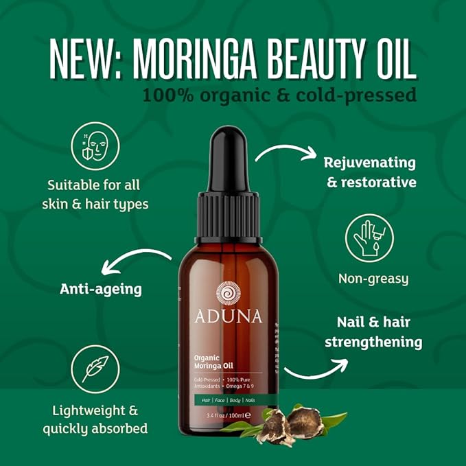 Aduna Moringa Oil - 100% Organic - 3.4fl oz Pure Moringa Oil - Unrefined Cold-Pressed Body, Hair & Face Oil - Best for Fine Lines and Moisturizing - Antioxidants