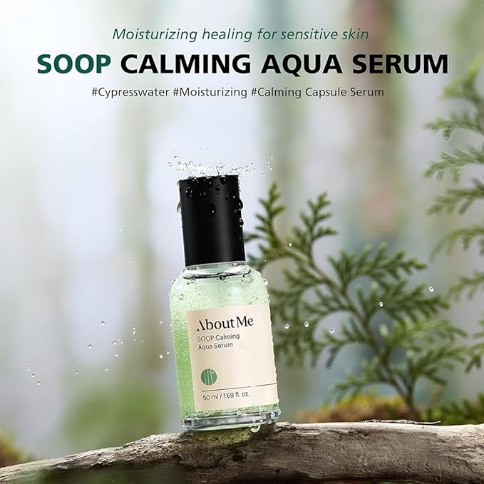 ABOUT ME Soop Calming Aqua Serum - Vegan Soothing and Hydrating Facial Serum with Cypress Water, Centella Asiatica, and Tea Tree Leaf Extract for Dry, Sensitive Skin (50ml/1.69oz)