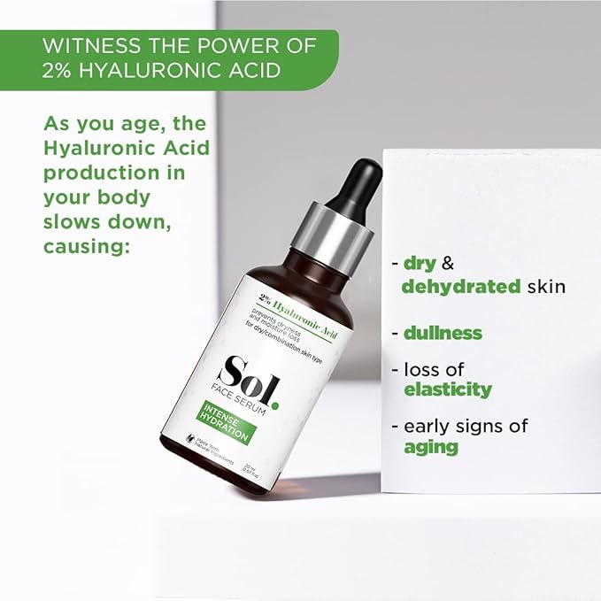 Sol. 2% Hyaluronic Acid Intense Hydration Face Serum, Prevents Dryness & Moisture Loss, Hydrating & Moisturizing, Softens & Smoothens, Non-irritating, White, 20 ml (Pack of 1)
