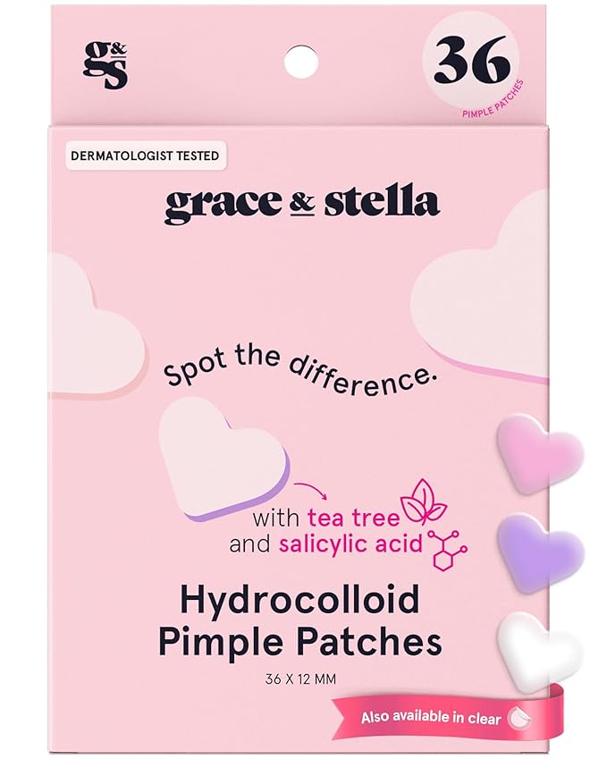 grace & stella Pimple Patches for Face- Heart Hydrocolloid Zit Stickers that Help Soothe & Conceal Breakouts - Colorful Covers for Acne Prone Skin - Dermatologist-Tested, Vegan (Heart, 36 Count)