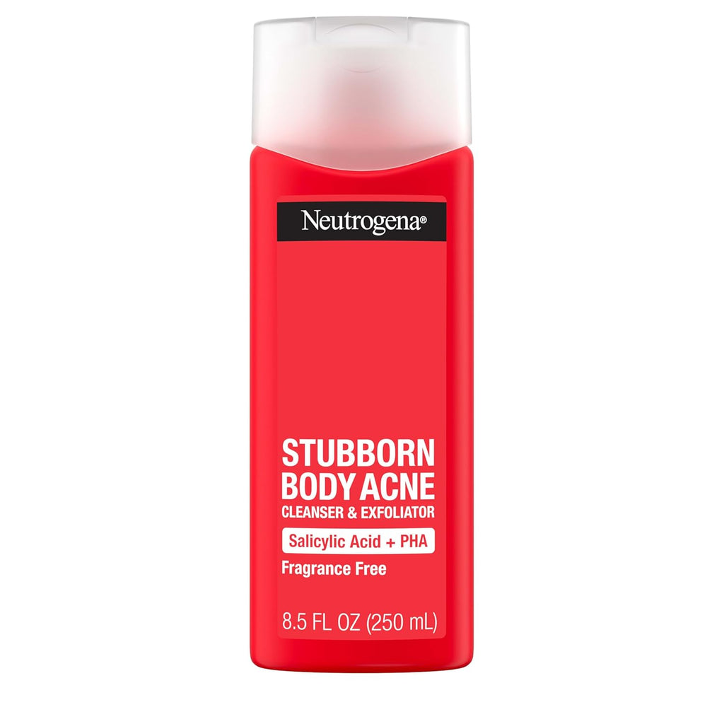 Neutrogena Salicylic Acid & PHA Stubborn Acne Body Wash, Exfoliating Cleanser Acne Treatment for Chest & Shoulder, Gently Clears, Exfoliates & Helps Prevent Breakouts, Fragrance Free, 8.5 Fl Oz