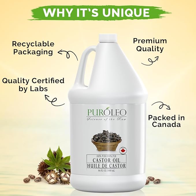 PUROLEO Castor Oil 64 Fl Oz/1900 ML (Packed In Canada) 100% Pure and Natural Hair, Lash, Beard, Eyelashes & Eyebrow Oil Black castor oil for brow lashes, Make eyelash serum, hair serum for dry hair