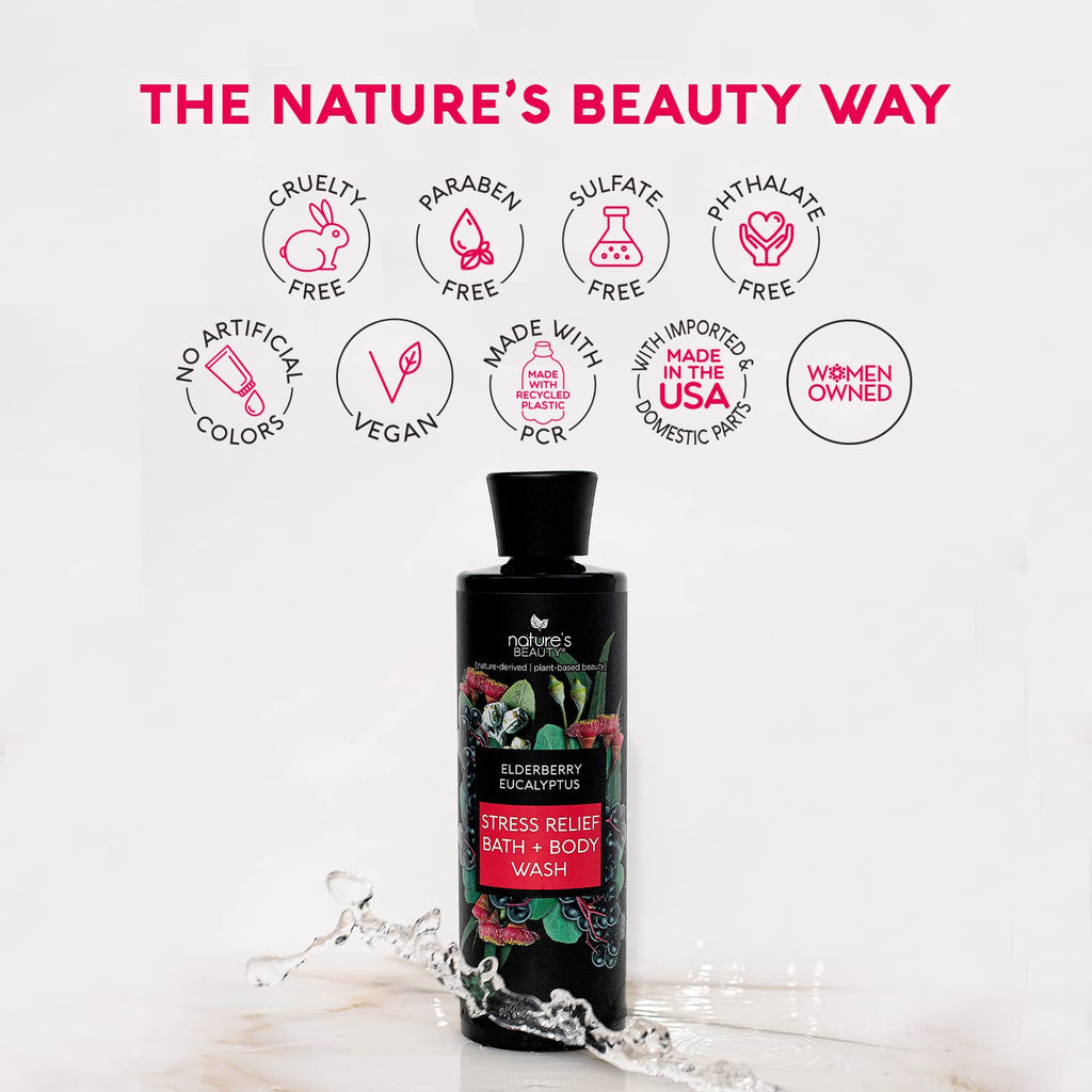 Nature's Beauty Elderberry Eucalyptus Stress Relief Body Wash Multi-Pack - Gentle Bath + Body Cleanser, Restore Skin Made w/Shea Butter, Avocado Oil, and Sweet Almond Oil, 12 fl oz (2 Pack)