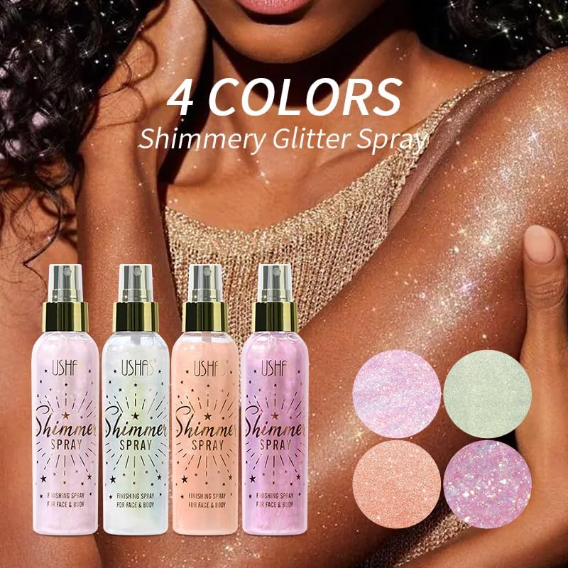 USHAS Body Glitter Spray 3.72 fl.oz - Temporary Body Shimmer Spray for Face, Hair, Clothing, Long Lasting Quick-Drying Shiny for Music Festival Rave (02)