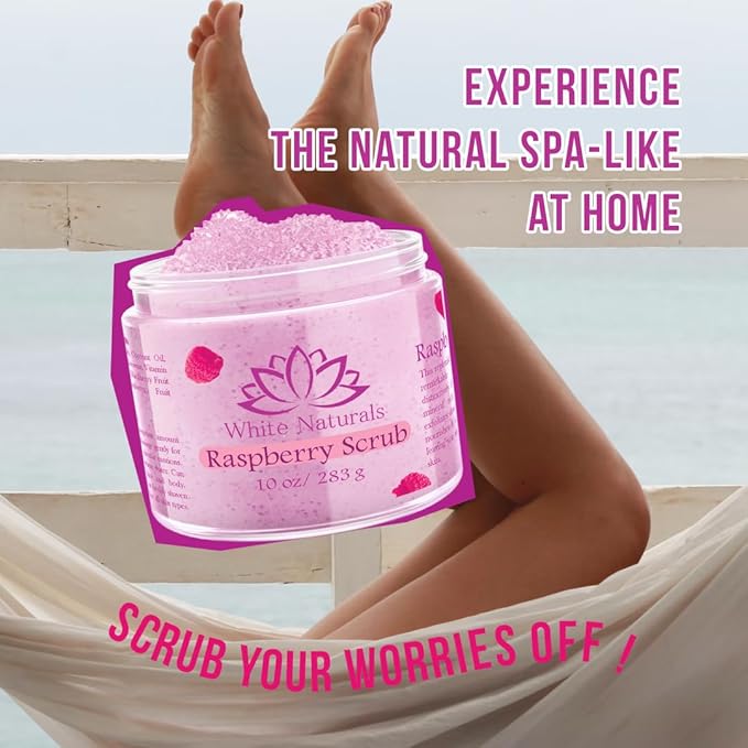 Organic Raspberry Scrub, Natural Exfoliating Salt Body & Face Scrub, Pure Exfoliator Helps with Moisturizing Skin, Cellulite, Dead Skin Cells, Deep Cleansing, Moisturizes 10 oz