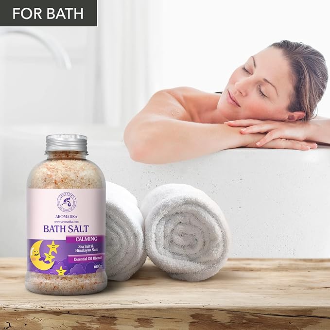 Calming Bath Salts 21.16 Oz - w/Sandalwood & Lavender & Bergamot Essential Oils - Natural Bath Sea Salts 600g - Good for Bath- Good Sleep - Relaxing - Body Care - Beauty - Aromatherapy