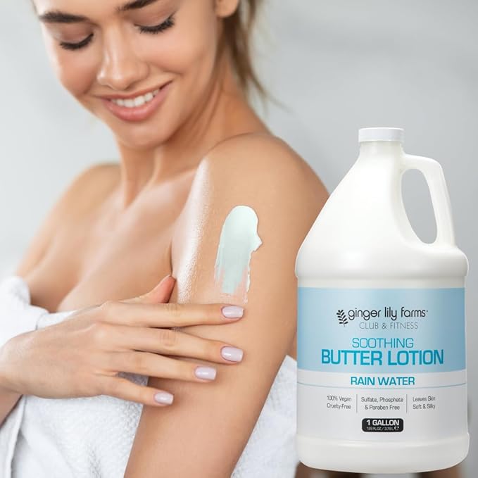 Ginger Lily Farms Club & Fitness Soothing Butter Lotion for Dry Skin, 100% Vegan & Cruelty-Free, Rain Water Scent, 1 Gallon (128 fl oz) Refill