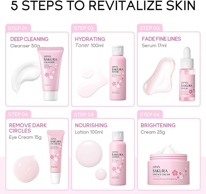 Skin Daily Skincare Set,Gentle Korean Skin Care Set,Skin Care Routine Kit for Women Gift Sets Includes Cleanser,Toner,Lotion,Serum,Eye Serum,Essence Cream Sakura Beauty Products (SetA)