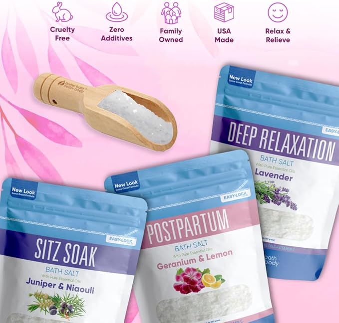 Postpartum Bath Bundle (3 Pack of 2 Lbs Total 6 Lbs with Scoop) Soothing Soaks with Sitz Salt and Deep Relaxation Bath Salt with Natural Pure Essential Oils in BPA Free Pouch Made in USA