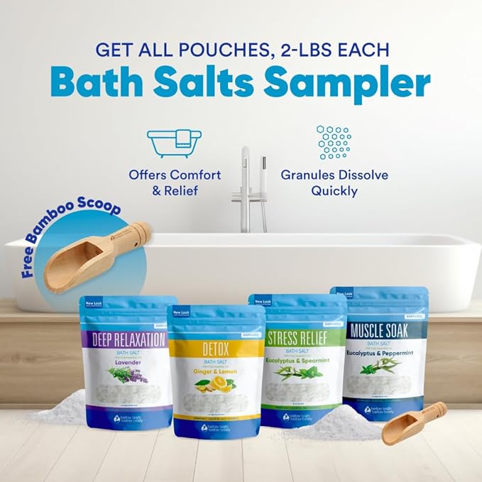 Bath Salts Sampler (4-Pack of 2-lbs) Variety Bath Soaks with Bamboo Scoop