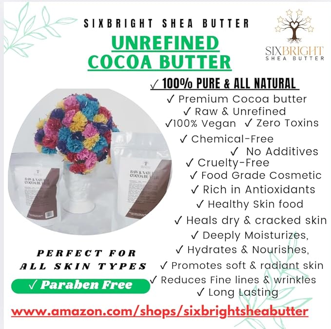 Sixbright UNREFINED, 100% PURE, FOOD GRADE, NATURAL COCOA BUTTER- Repairs Body Scars, Stretch Marks, Dry & Cracked Skin- Great for DIY's Beauty products-16 Ounce -(Pack of 1)- Chocolate Aroma
