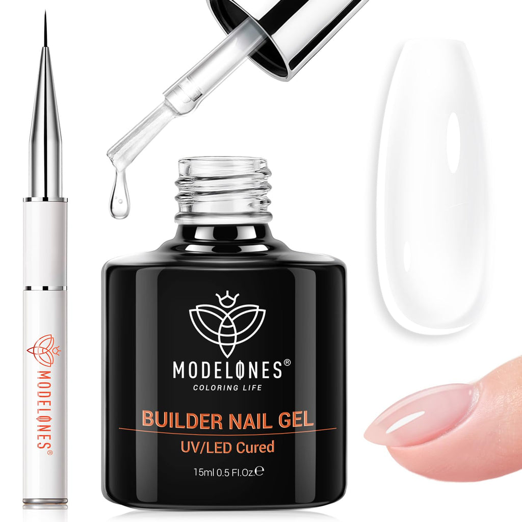 modelones Builder Nail Gel, 7-in-One Clear Builder Nail Polish with Detachable Liner Brush, 15ml LED Lamp Cured Rubber Base Gel Polish Strengthener Color Base Coat Thickening Solution