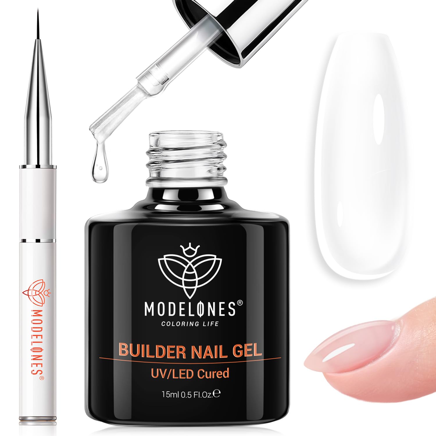 modelones Builder Nail Gel, 7-in-One Clear Builder Nail Polish with Detachable Liner Brush, 15ml LED Lamp Cured Rubber Base Gel Polish Strengthener Color Base Coat Thickening Solution