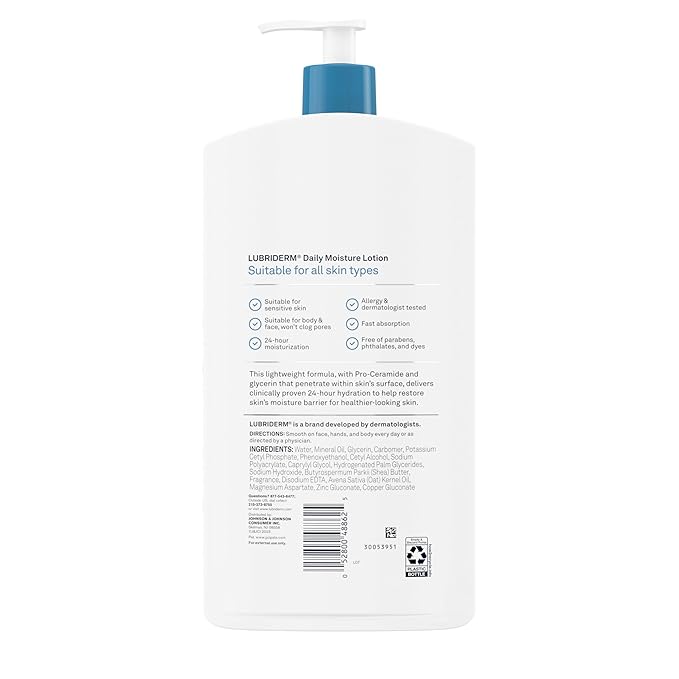 Lubriderm Daily Moisture Lotion + Pro-Ceramide with Shea Butter & Glycerin Helps Moisturize Dry Skin, Hydrating Face, Hand & Body Lotion is Lightly Scented & Non-Greasy, 24 fl. oz (Pack of 2)