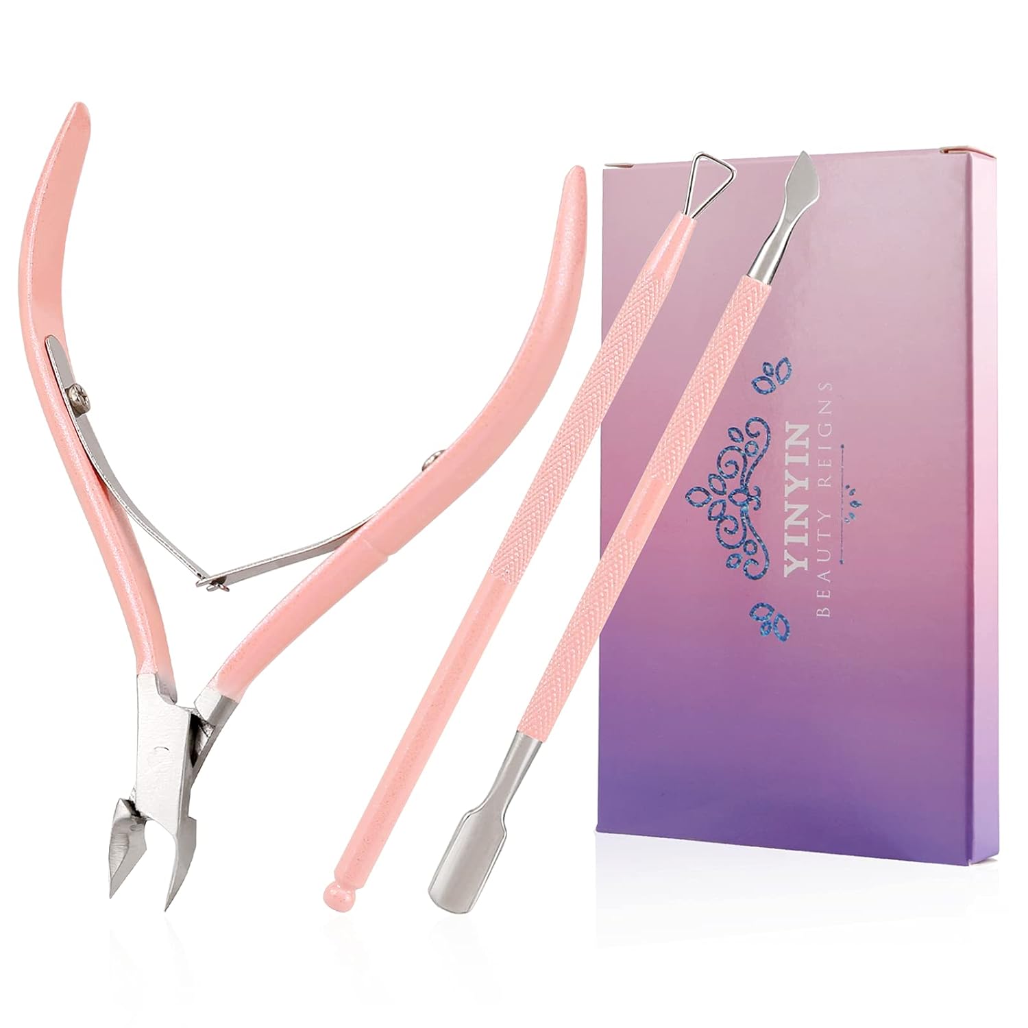 YINYIN Professional Stainless Steel Cuticle Trimmer with Pusher and Cutter - Durable Pedicure Manicure Tools for Fingernails and Toenails (Pink)