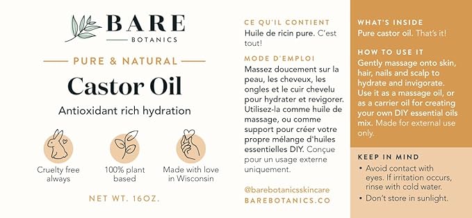 BARE BOTANICS 100% Pure Castor Body Oil 16 oz - Hexane Free & Natural for All Over Moisturization - Multipurpose Carrier Oil for DIY - Hydrate Dry Skin, Hair & Body - Vegan & Cruelty Free Beauty