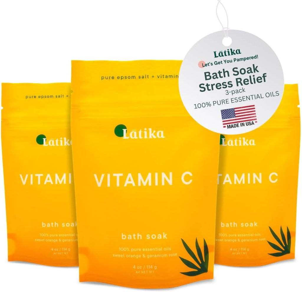 Soaks Set of 3 - Vitamin C Bath Soaks with Sweet Orange and Geranium Rose - Moisturizing Epsom Salt Soaks for Stress Relief, Detox, and Antioxidant Skincare - at Home Spa Retreat