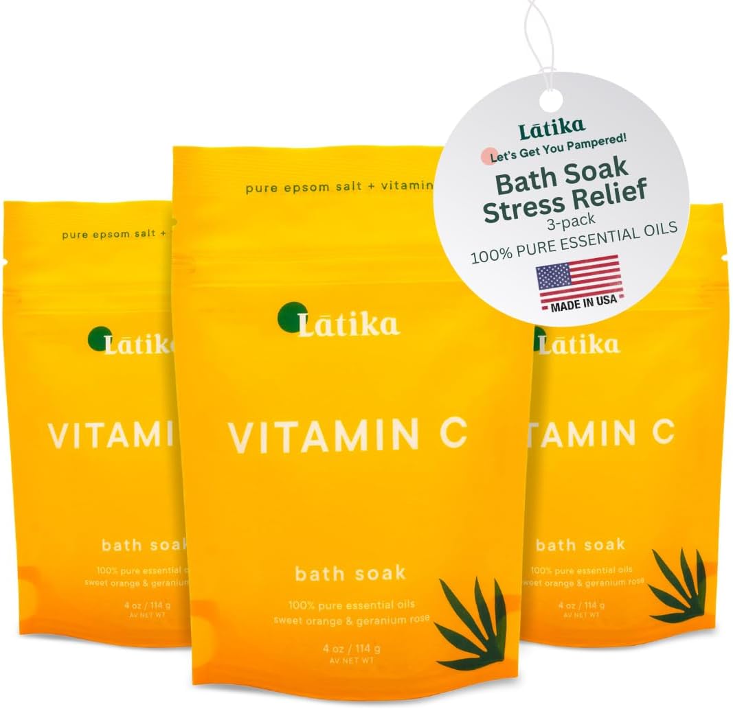 Soaks Set of 3 - Vitamin C Bath Soaks with Sweet Orange and Geranium Rose - Moisturizing Epsom Salt Soaks for Stress Relief, Detox, and Antioxidant Skincare - at Home Spa Retreat