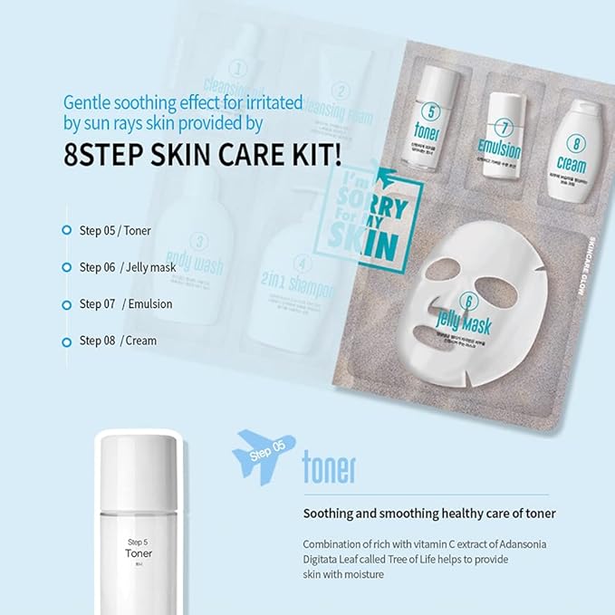 I'M SORRY FOR MY SKIN 8-Step Skincare Travel Essentials Kit, Korean Skin Care Set All in 1, Face Wash, Body Cleansing, Face Moisturizer, Girls Trip and Gift for Women, 8 Products in One (3 set)