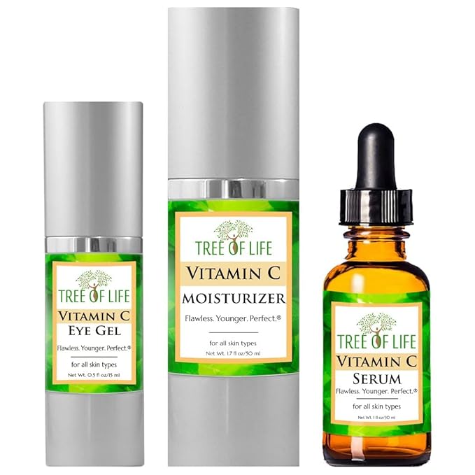 Tree of Life Vitamin C Serum for Face w/ 1.7 Oz Moisturizer Cream & 0.5 Oz Eye Gel - Skin Care Trio Serums to Brightening Dark Spot, Smooth Dry & Sensitive Skin, Anti-Aging, Wrinkles