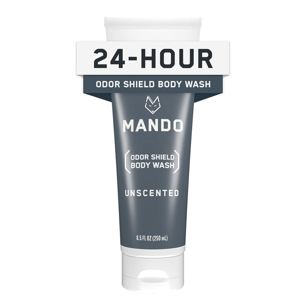 Mando Odor Shield Body Wash - 24 Hour Control - Removes Odor Better than Soap - SLS Free and Paraben Free, Skin Safe - 8.5 Ounce (Unscented)