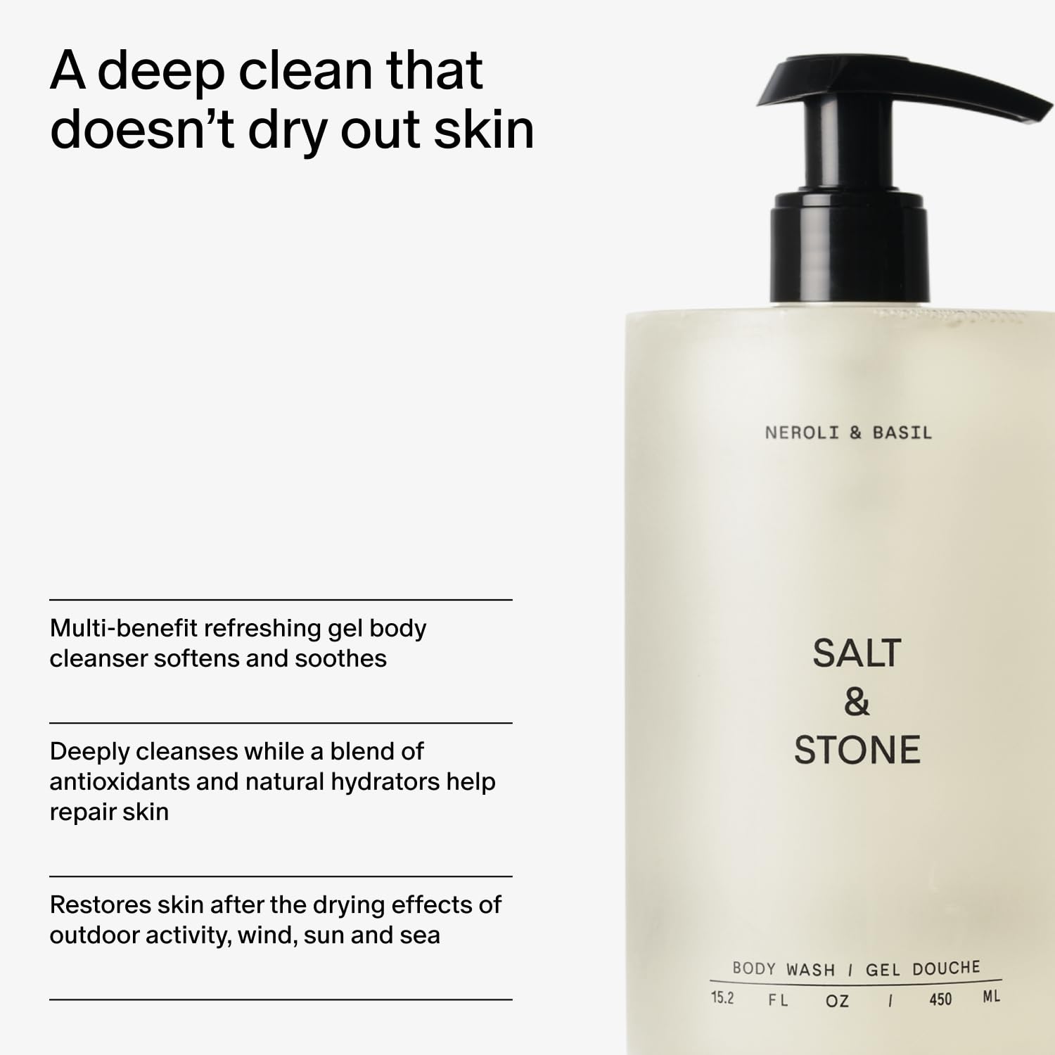 Salt & Stone Body Wash for Women & Men | Neroli & Basil | Hydrating Gel Cleanser | Clean & Soften Skin | Made with Niacinamide & Hyaluronic Acid | Free From Parabens, Sulfates & Pthalates (15.2 fl oz)