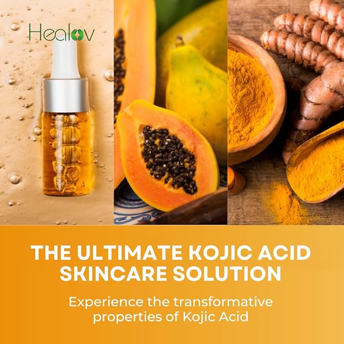 Kojic Acid Skincare Set – Kojic Soap Cleanser, Exfoliating Body Scrub, Face Cream & Brightening Facial Serum – Skin Brightening Hyperpigmentation Treatment, Dark Spot Corrector – with Turmeric Papaya