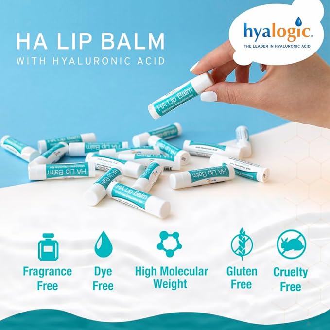 Hyalogic HA Lip Balm - Hyaluronic Acid & Organic, Natural Coconut Oil - Soothes Dry, Chapped Lips - Plumping, Moisturizing & Nourishing - Unflavored - Fragrance & Dye Free - 4.25g - 4 Sticks