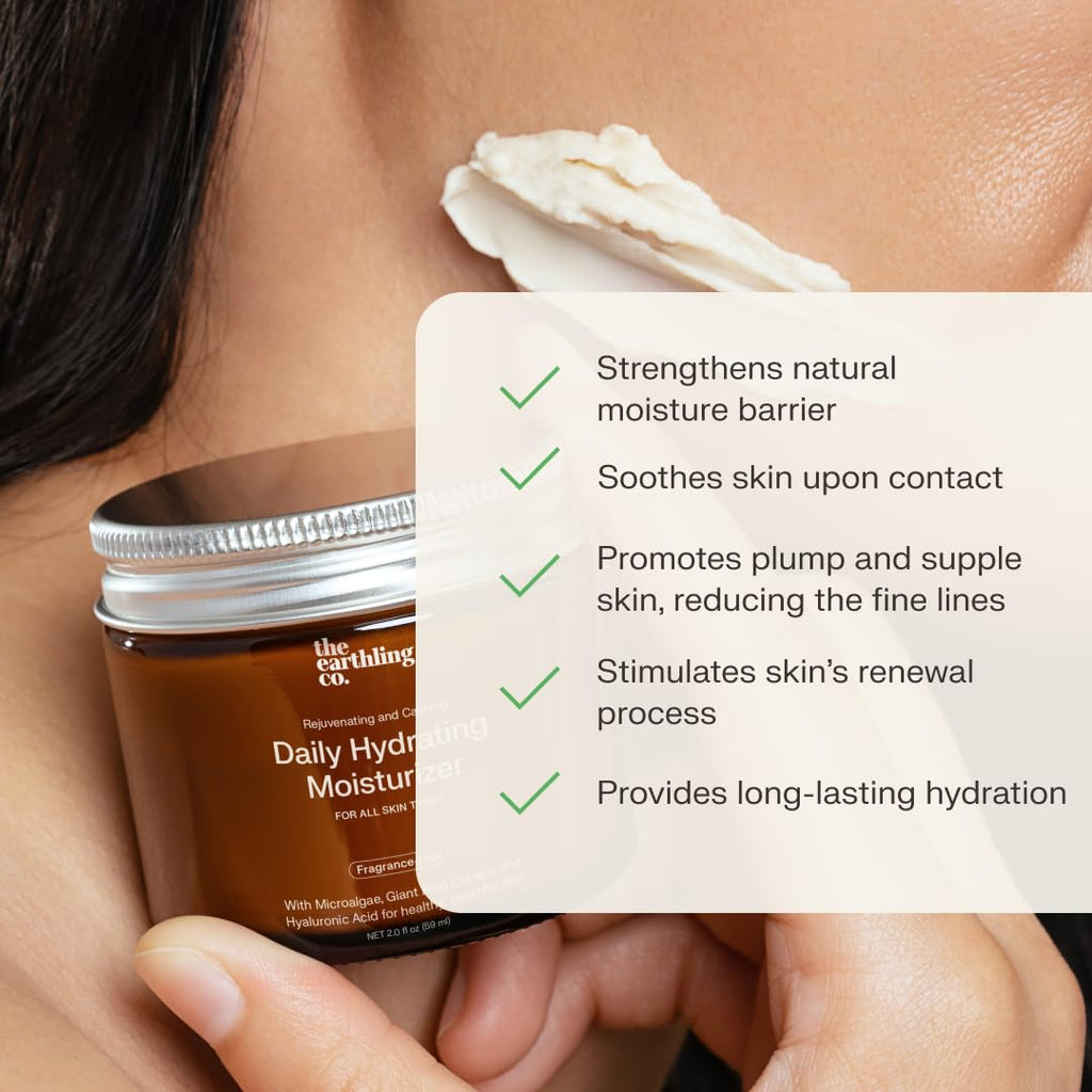 The Earthling Co. Daily Hydrating Moisturizer - Natural, Moisturizing Face Cream for AM & PM - Non-comedogenic and Fragrance-free with Hyaluronic Acid for Sensitive, Dry, and Oily Skin (2.0 fl oz)