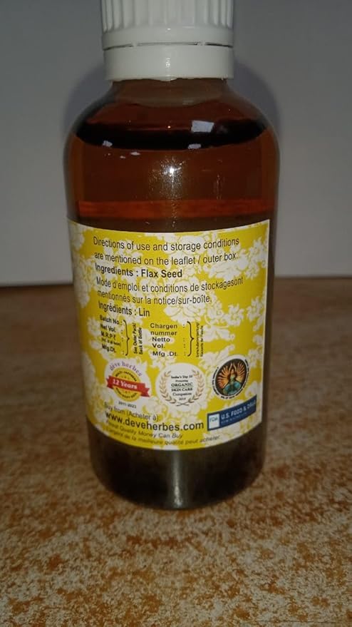 Deve Herbes Pure Flax Seed Oil (Linum usitatissimum) Natural Therapeutic Grade Cold Pressed 10ml (0.33 oz)