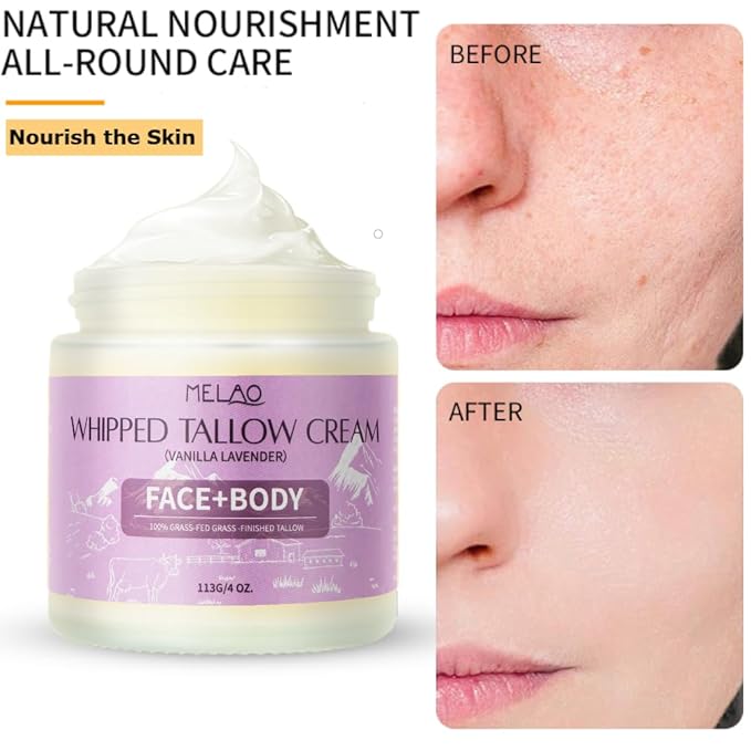 Beef Tallow Moisturize Cream for Skin - Tallow Body Skin Balm - Skin Moisturizer for Face & Body (113g, Vanilla Lavender)