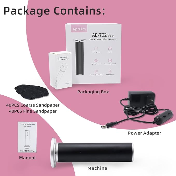 4.8IN Longer Electric Foot Callus Remover with 80pcs Sandpaper Discs, Professional Aluminum Callus Remover for Feet, Stepless Speed Control Pedicure Tools for Dead Skin