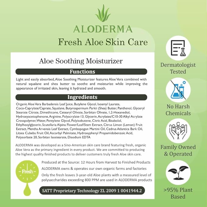 Aloderma Soothing Face Moisturizer with 77% Organic Aloe Vera - Natural Moisturizer for Face for Sensitive & Combination Skin, Nurturing Aloe Face Moisturizer with Squalane, Botanical Extracts, 3.5oz