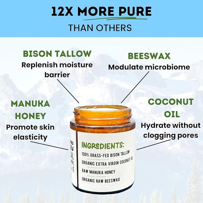 Unscented Manuka Honey & Bison Tallow Balm – 100% Organic, Grass-Fed Face & Body Moisturizer for Dry Skin, Acne-Prone Skin & Wrinkles – Ancestral Formula with Coconut Oil, Raw Beeswax – 3oz