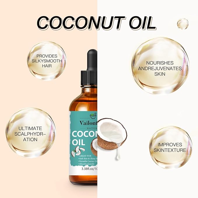 Coconut Oil - Carrier Oil for Hair Growth,Relaxing Massage and Body Oil, Pure Non-Greasy Coconut Oil for All Hair Types and Skin(Coconut Oil, 3.4 Fl Oz)