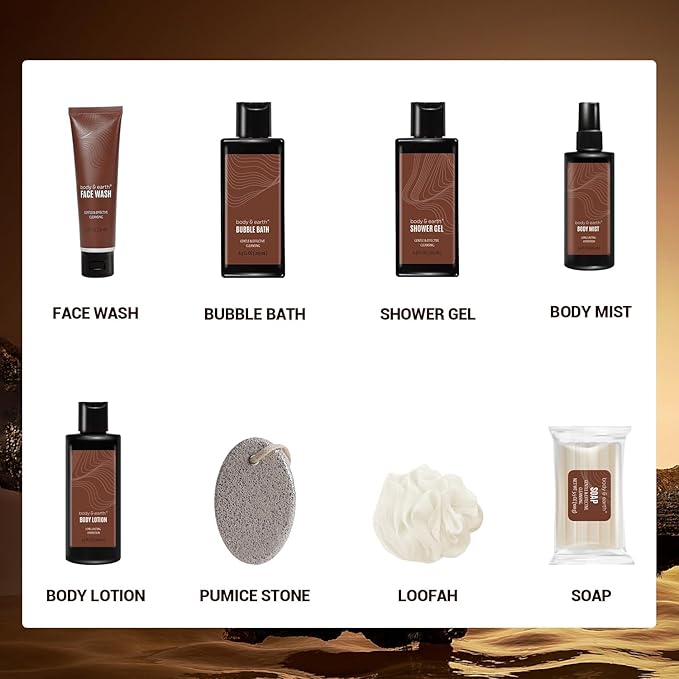 Body & Earth Bath and Body Wash Sets for Men - 8pcs Spa Baskets Mens Birthday Gifts Sandalwood, Self Care Kit, Husband Men Father's Day Gifts