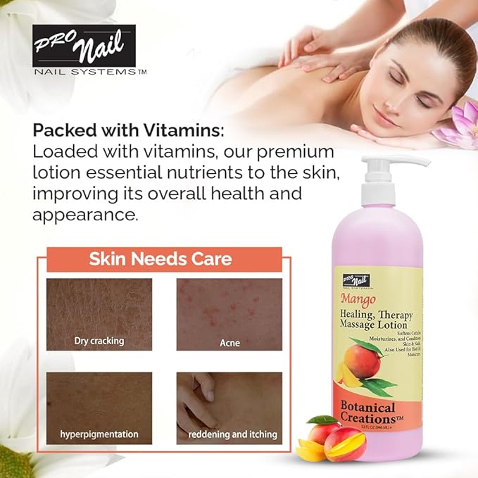 PRO NAIL - Healing Therapy Massage Lotion - Professional Pedicure, Body and Hot Oil Manicure, Infused with Natural Oils, Vitamins, Panthenol and Amino Acids (Mango, 32 Ounce)