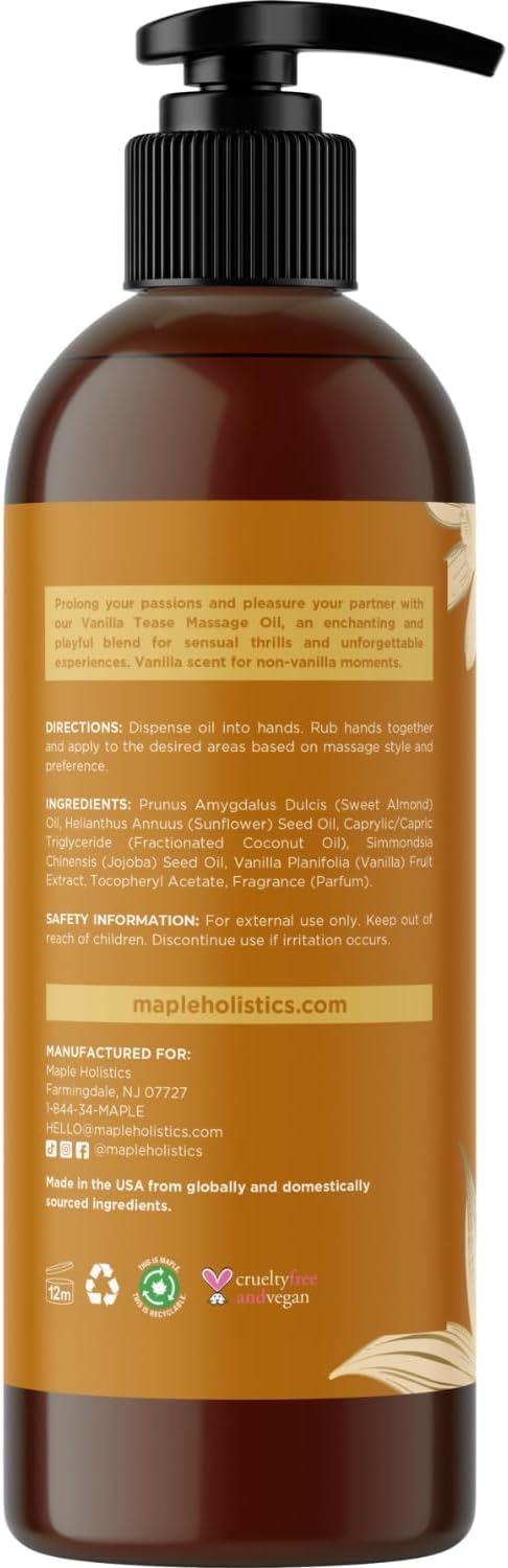 Vanilla Sensual Massage Oil for Couples - Irresistible Full Body Massage Oil for Date Night with Smooth Gliding Coconut and Sweet Almond Oil with Dreamy Vanilla Scent - Non GMO Gluten Free and Vegan