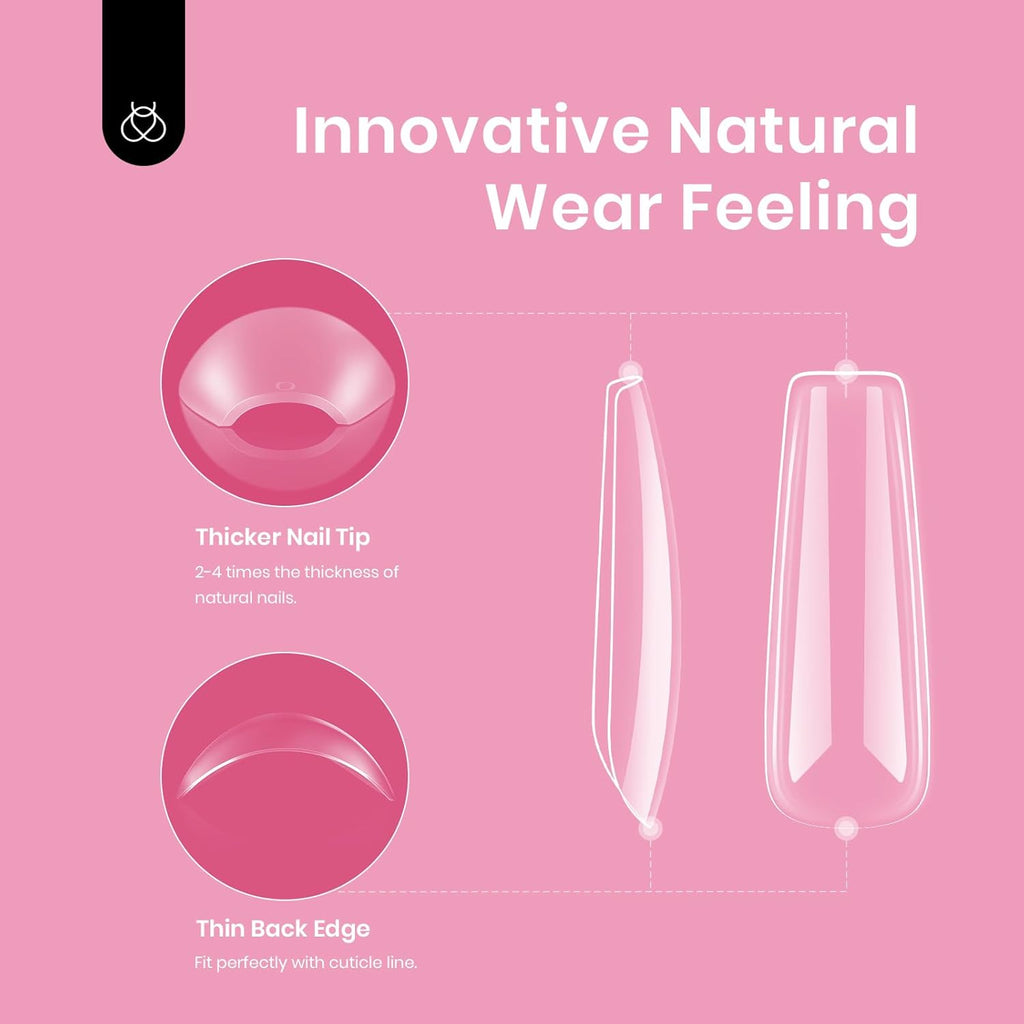 Beetles Gel Nail Tips Long Square Nail Tips, 12 Sizes 288 PCS Pre-Shaped Clear Full Cover False Nails Tips Clear Acrylic Nails Glue on Nails for Girls Women Nail Art Design,Nail Glue Needed