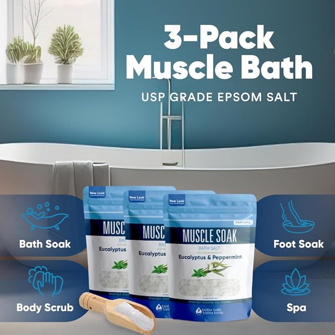 Muscle Bath Salt (3-Pack with Scoop) Muscle Bath Soaks with Pure Essential Oils in BPA Free Pouch with Press-Lock Seal Made in USA, Three 2-lbs Pouches 6-Lbs Total