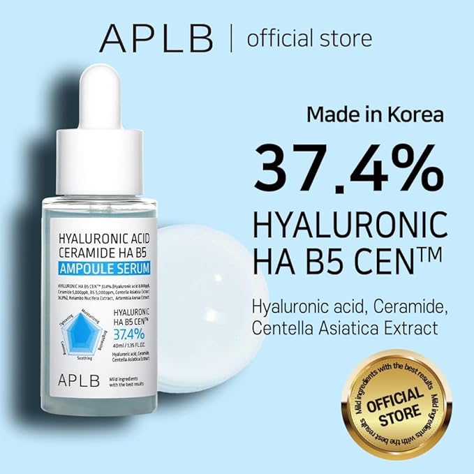 APLB Hyaluronic Acid Ceramide HA B5 Ampoule Serum | HYALURONIC HA B5 CEN™ 37.4% 1.35 FL.OZ/Korean Skincare, Long lasting moisturizing, Revitalize for gentle and improve skin texture