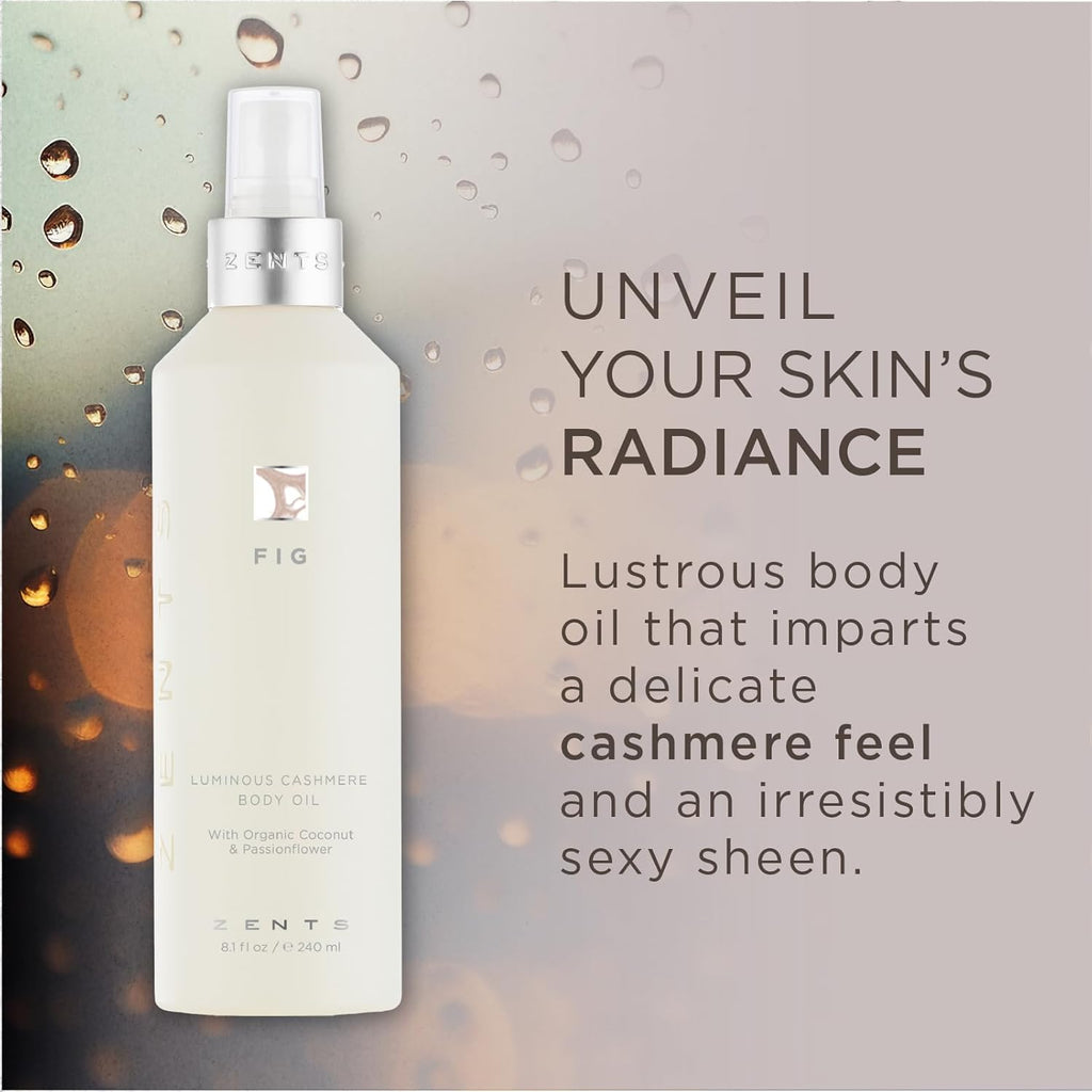 Zents Luminous Cashmere Body Oil (Fig Fragrance) | Moisturizing Body Oil with Vitamin E & Organic Coconut Oil | Softens & Smooths Skin | 8 fl oz