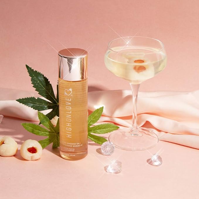 HIGHONLOVE Natural Body Oil with Hemp Seed, Grape Seed, & Vitamin E Oil - Moisturizing Body Glow with a Non-Greasy, Glowy Finish (120 ml) (Lychee Martini)
