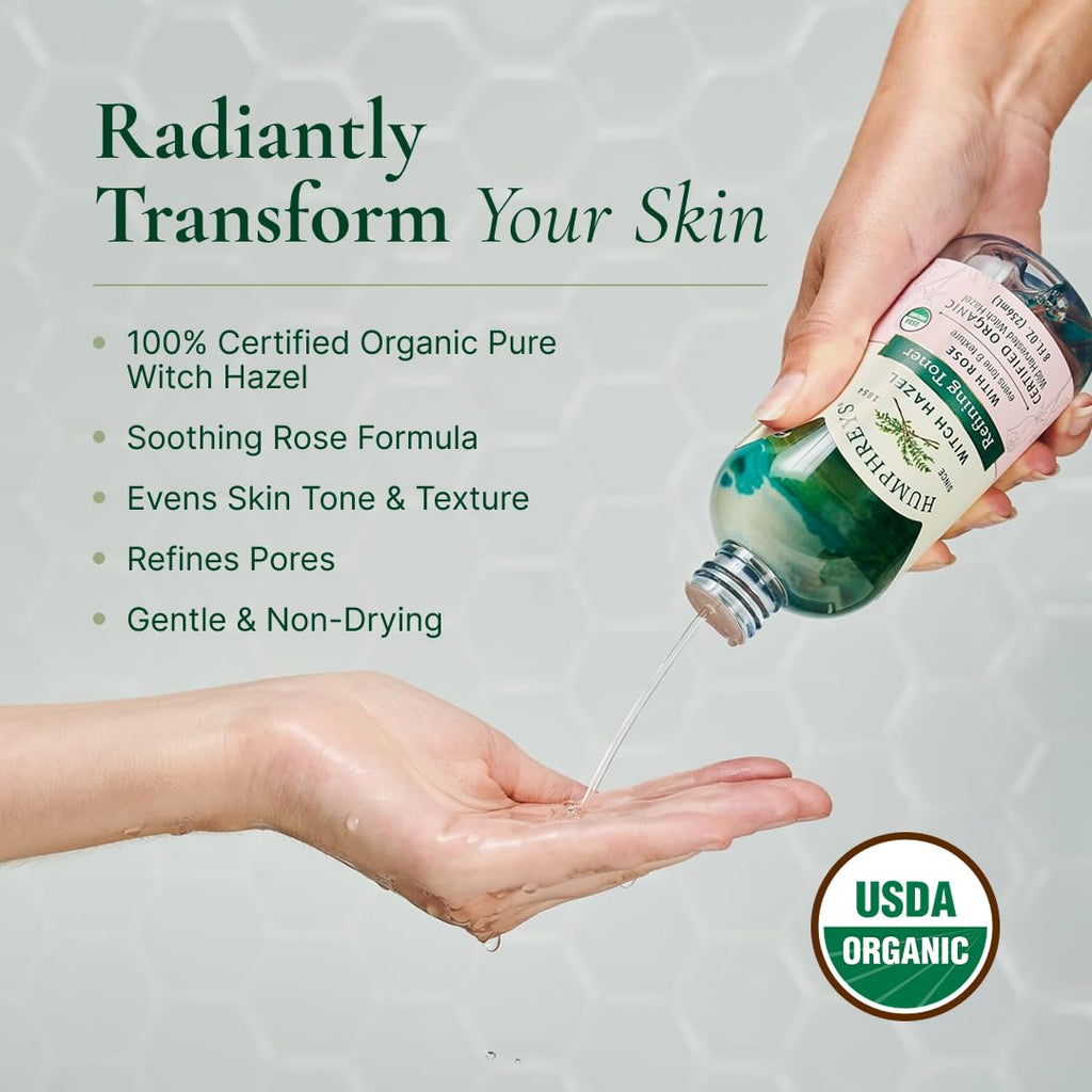 Humphreys Witch Hazel Refining Toner | Wild Harvested Witch Hazel & Rose | USDA Organic | Natural | Soothing & Clarifying | 8 Fl Oz