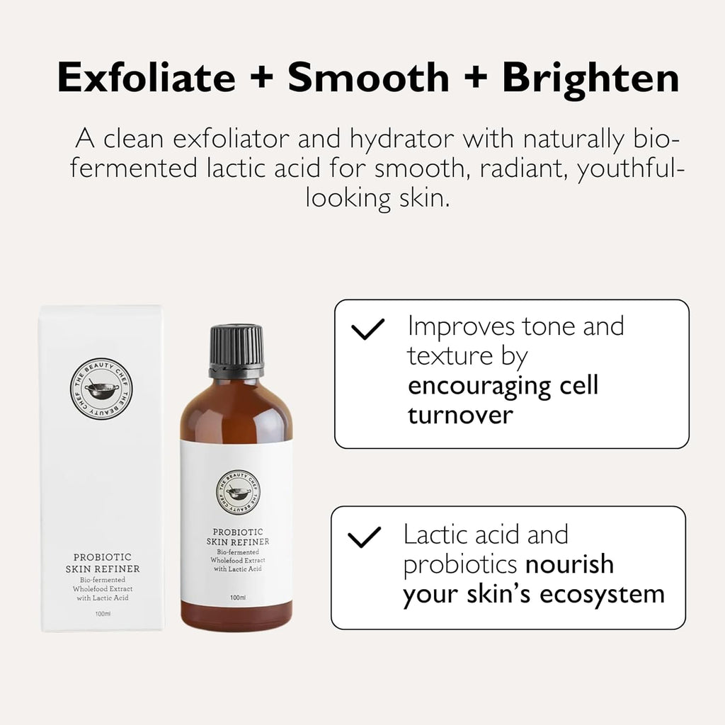 The Beauty Chef Probiotic Skin Refiner, Bio-Fermented Exfoliating Toner for Smooth & Radiant Skin, Hydrating & Nourishing Formula with Probiotics & Lactic Acid, 3.38 fl. oz / 100mL