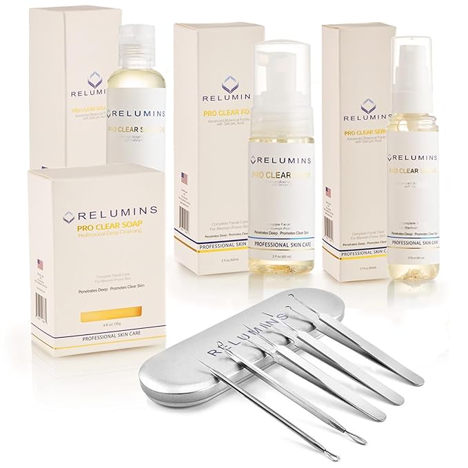 Relumins Pro Clear Skincare Set, Advanced Botanical Formula with Salicylic Acid, 4-in-1 Complete Clear Skin System to Control Pimple and Breakouts with 5-Piece Zit & Blackhead Removal Tool