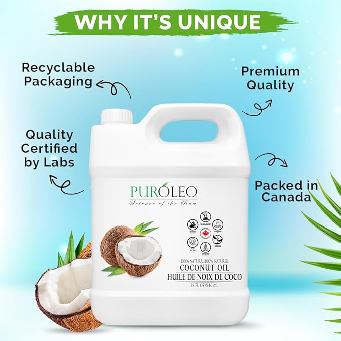 PUROLEO Fractionated Coconut Oil 32 Fl Oz/946 ML (Packed in Canada) 100% Natural and odorless Moisturizer & Carrier Oil l Hair Skin Body, Aromatherapy, Massage, Makeup Remover