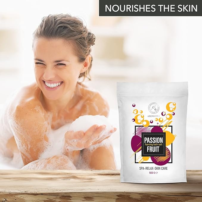 Foaming Bath Sea Salt Passion Fruit 35 Oz (1000g) Bubble Bath Salts with Almond & Grape Seed Essential Oil & Passion Fruit Extract for Bath Soak - Relaxing Bath - Aromatherapy Bath Salts