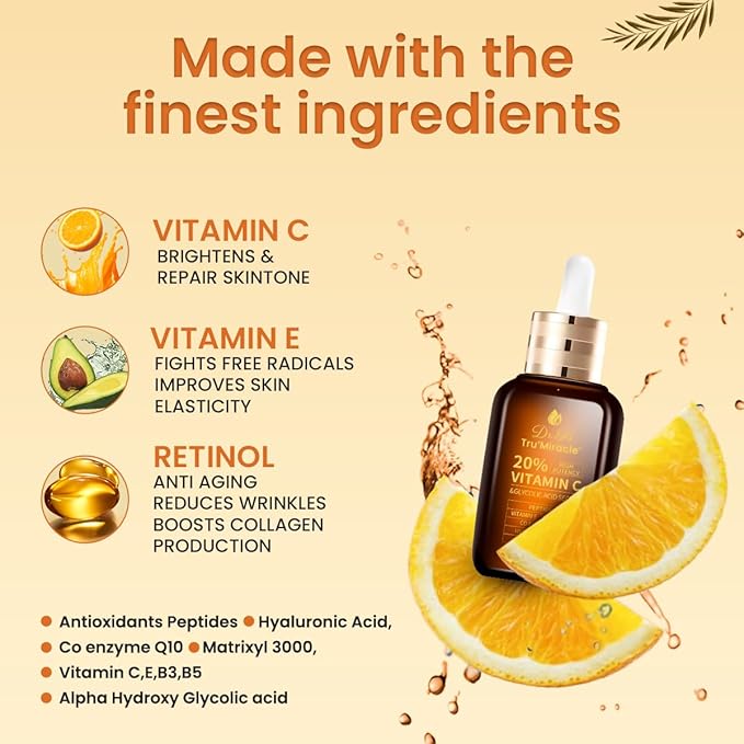 Antioxidants rich 20% Vitamin C Serum for Face with Glycolic Acid and Hyaluronic Acid -RED light therapy serum Boosts Collagen production, Fades Dark Spots, ANTI-AGING, nighttime use (9 serum in 1)